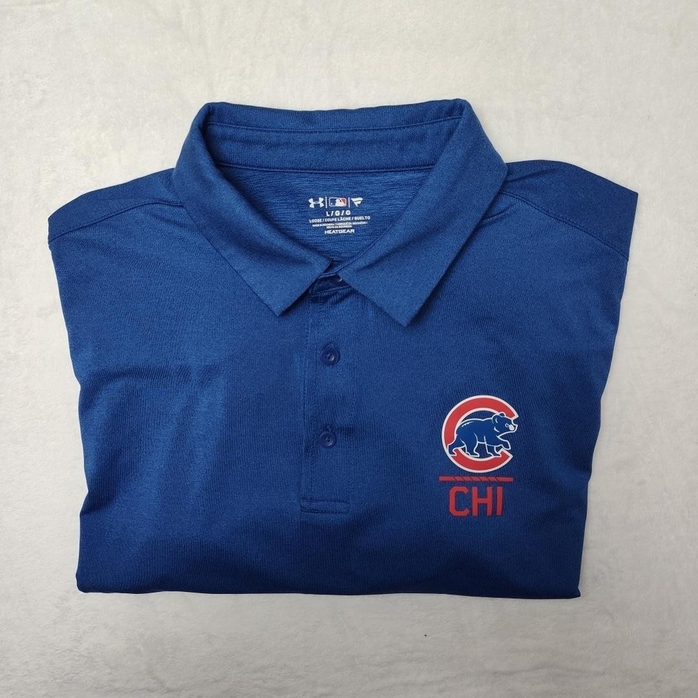 Chicago Cubs Shirt Mens Large Blue MLB Baseball Under Armour Polo HeatGear
